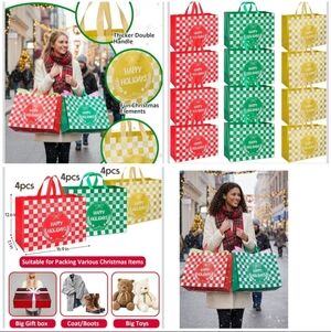 Nwt 12 Heavy Duty Checkered Holiday Gift Bags Reusable Shopping Gift Tote Handle